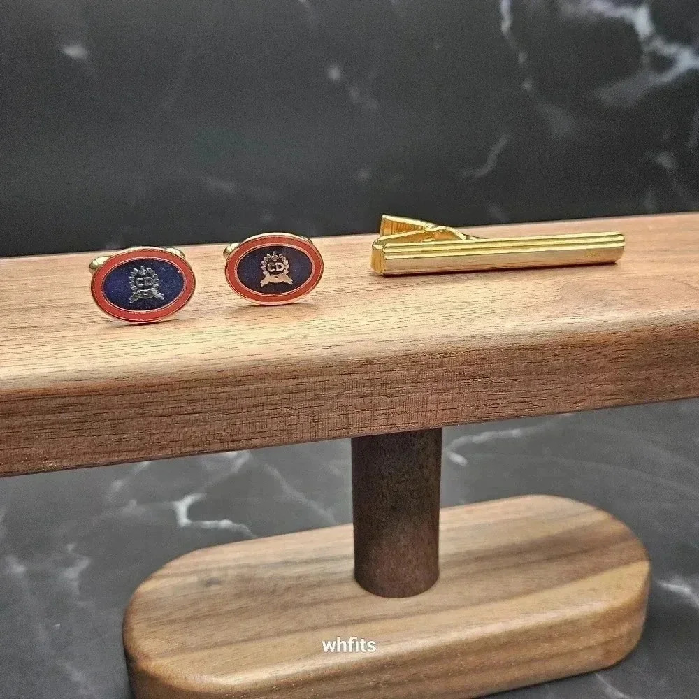 Christian Dior Red Blue and Gold Tone Cufflinks with Tie Bar set